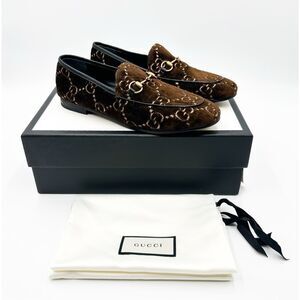 Gucci Loafers Horsebit Jordaan Velvet Flats GG Monogram Size 38.5, 8.5